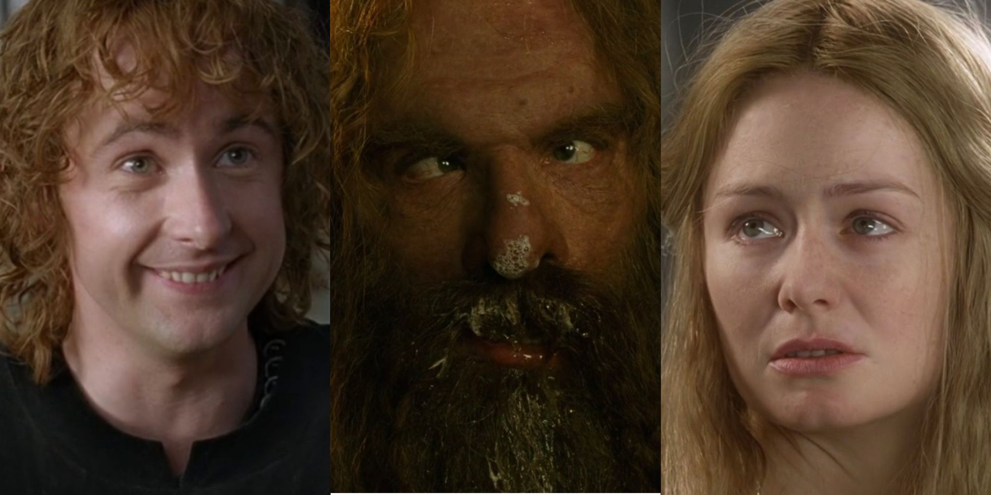 3-Split image of Pippin, Gimli, and Eowyn