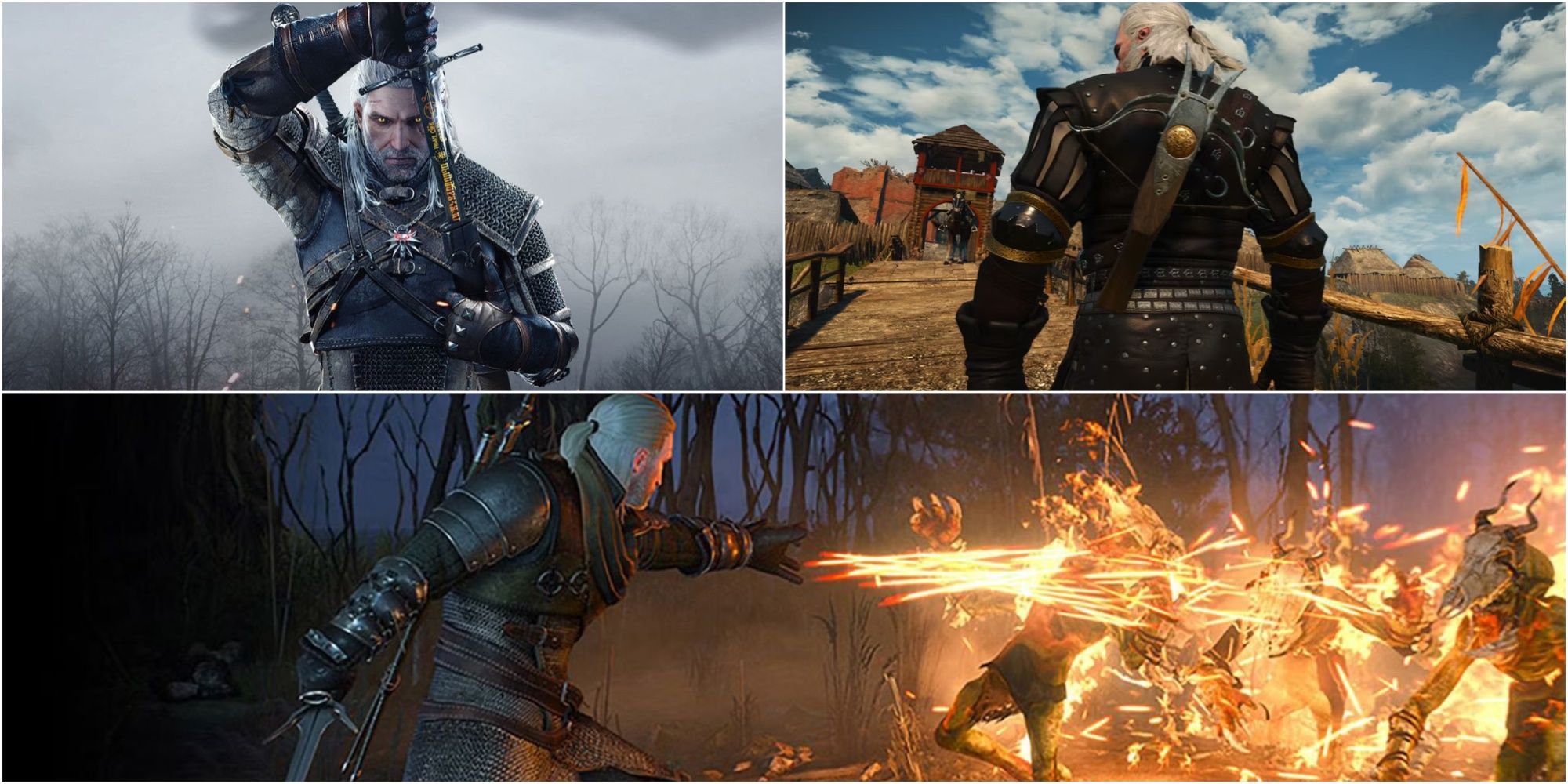 Geralt with a sword, a crossbow and casting igni firestream