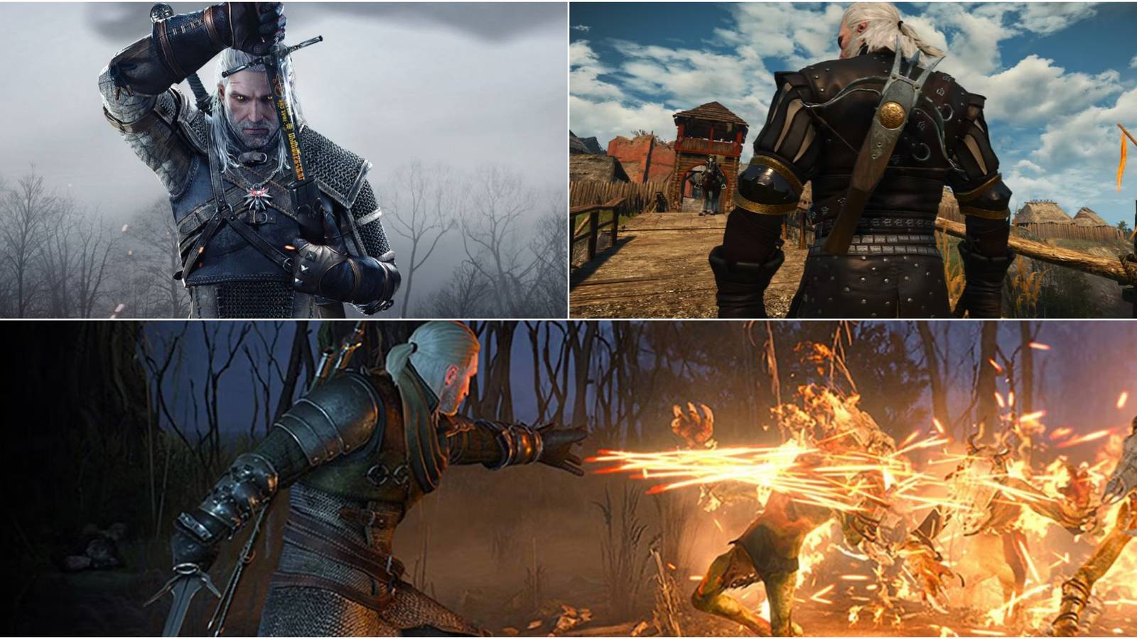 Geralt with a sword, a crossbow and casting igni firestream
