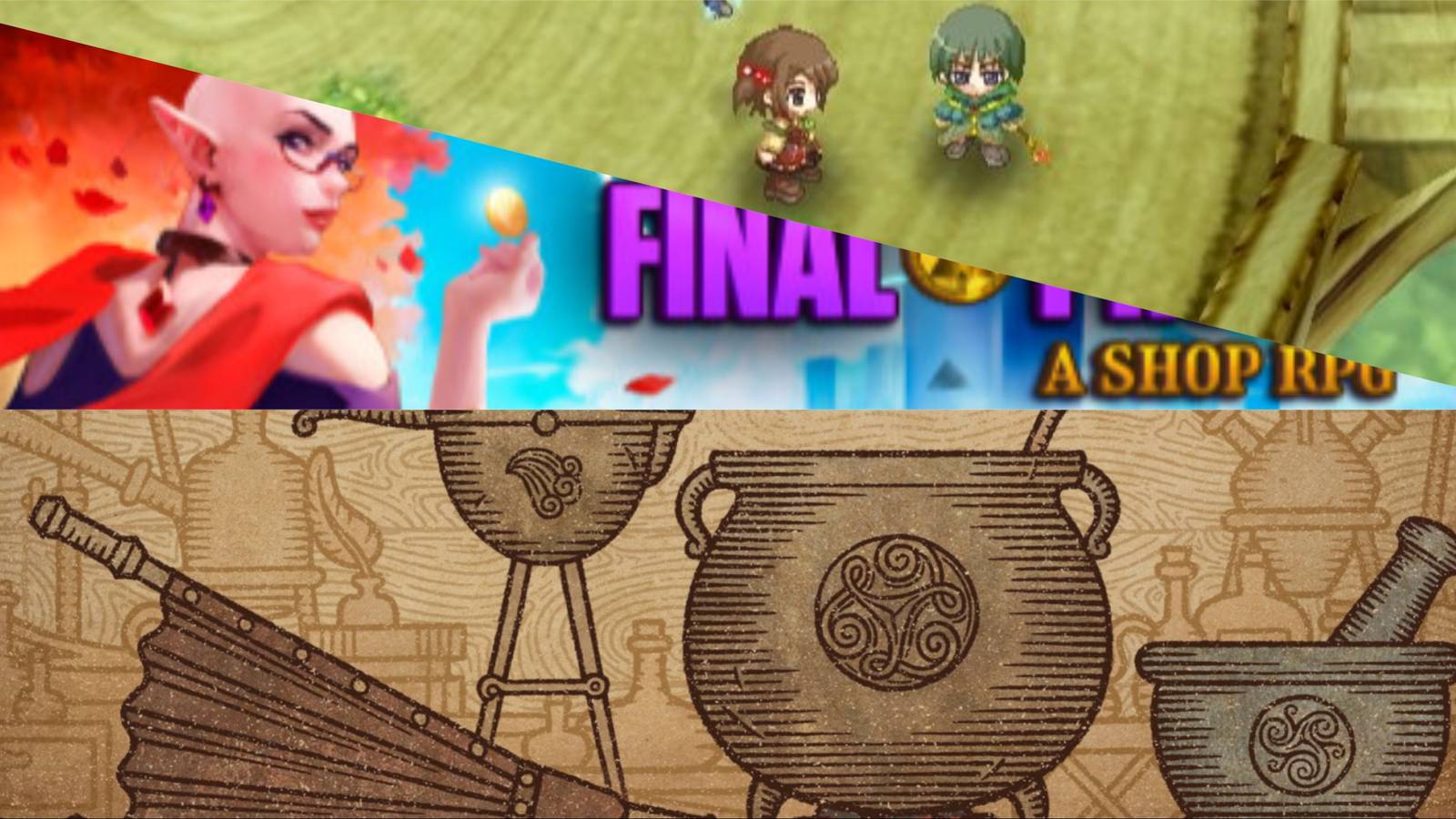 7 Best Shop Simulator Games - Reccetear screenshot, cover art for Final Profit and some Potion Craft equipment