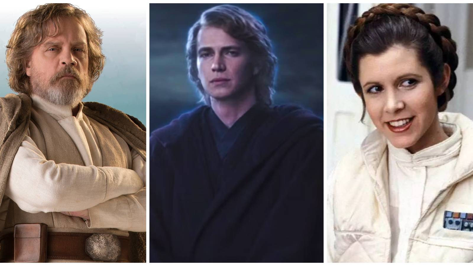 old luke skywalker, force ghost anakin, leia organa smiling