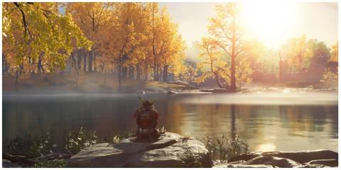 Ghost of tsushima main character fishing by a lake