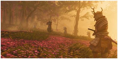 Ghost of tsushima main character fighting samurais in the forest