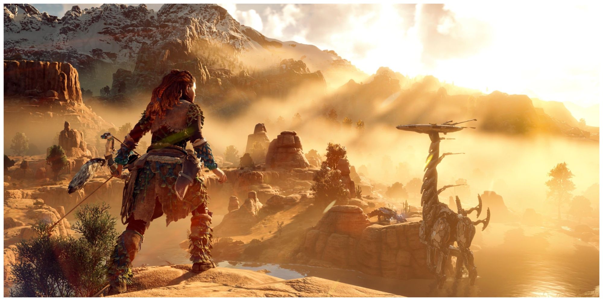 Horizon zero dawn main character looking at monster from a cliff at sunset