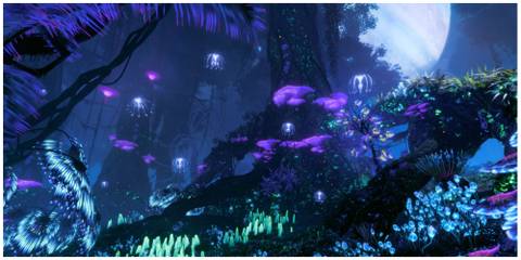 Avatar frontiers of pandora bioluminescence forest at night with beasts