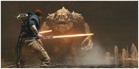 Star wars jedi survivor main character fighting with a boss monster with lightsabers