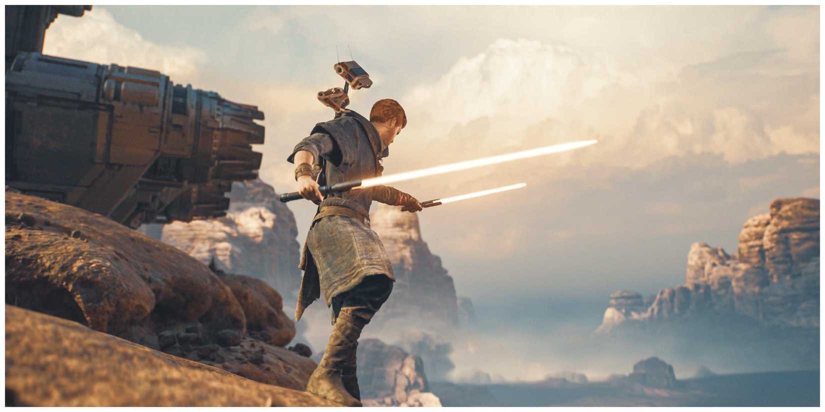Star wars jedi survivor main character standing on a mountain holding two lightsabers