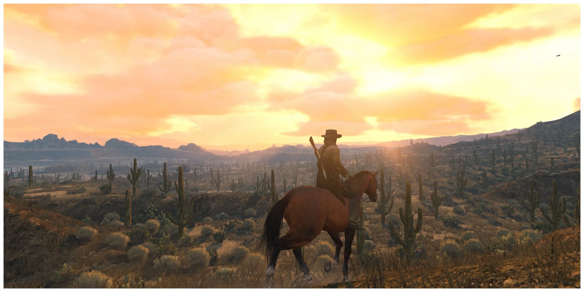 Arthur Morgan in Red Dead Redemption 2 On Horseback Watching Sunset