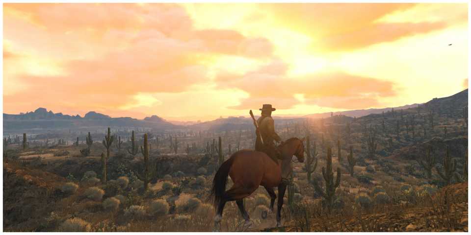 Arthur Morgan in Red Dead Redemption 2 On Horseback Watching Sunset
