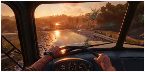 Far cry 6 sunset view from within the car