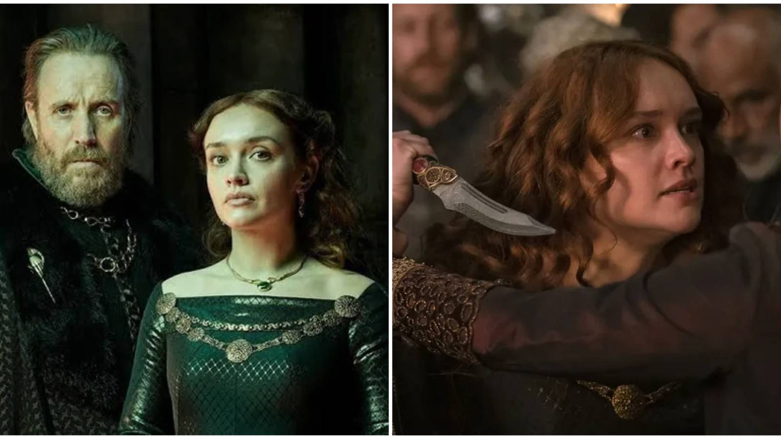 Otto and Alicent Hightower and Alicent holding the Valyrian steel dagger in House of the Dragon.