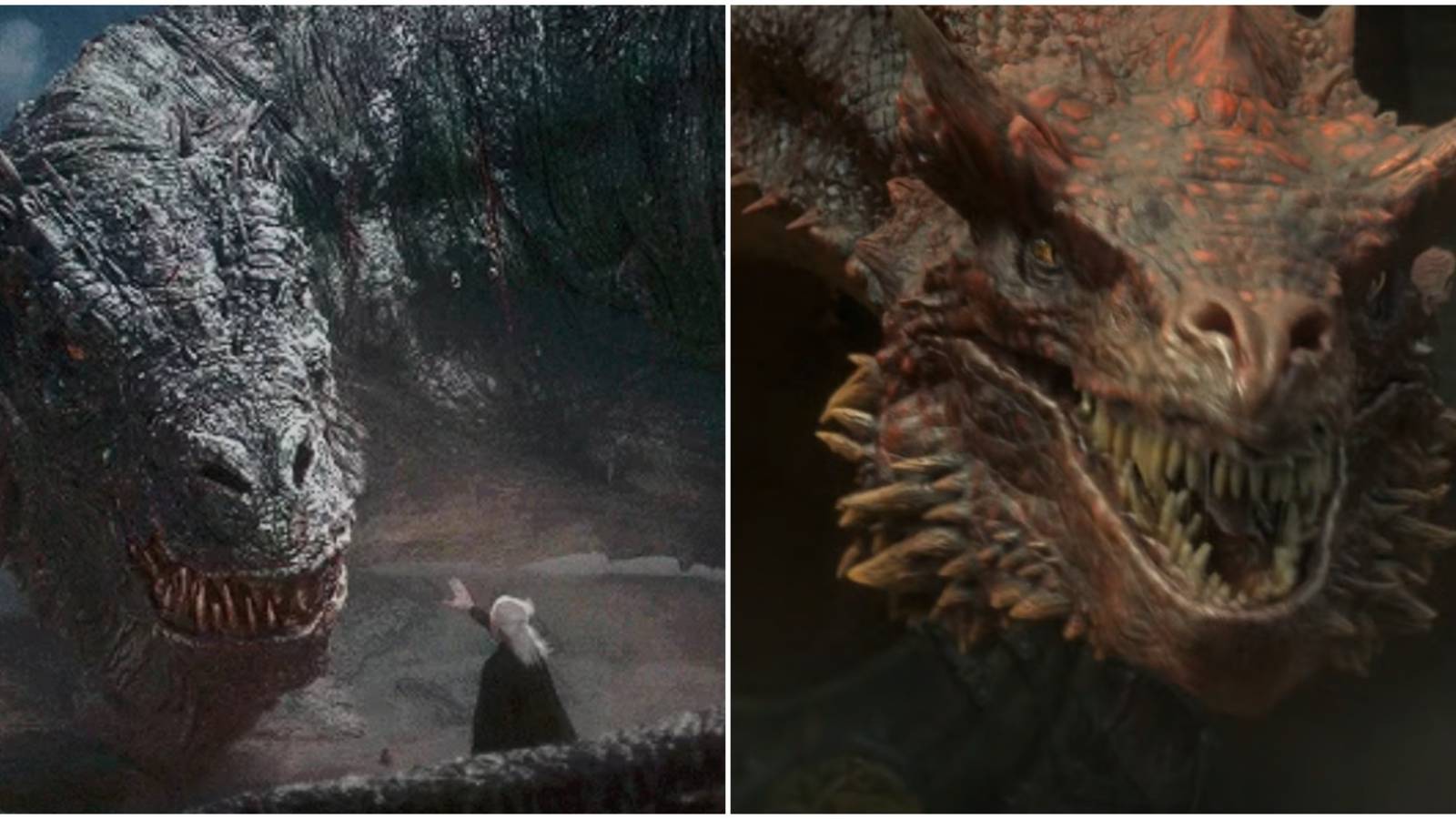 Split image of Vhagar and Aemond and Caraxes in House of the Dragon.