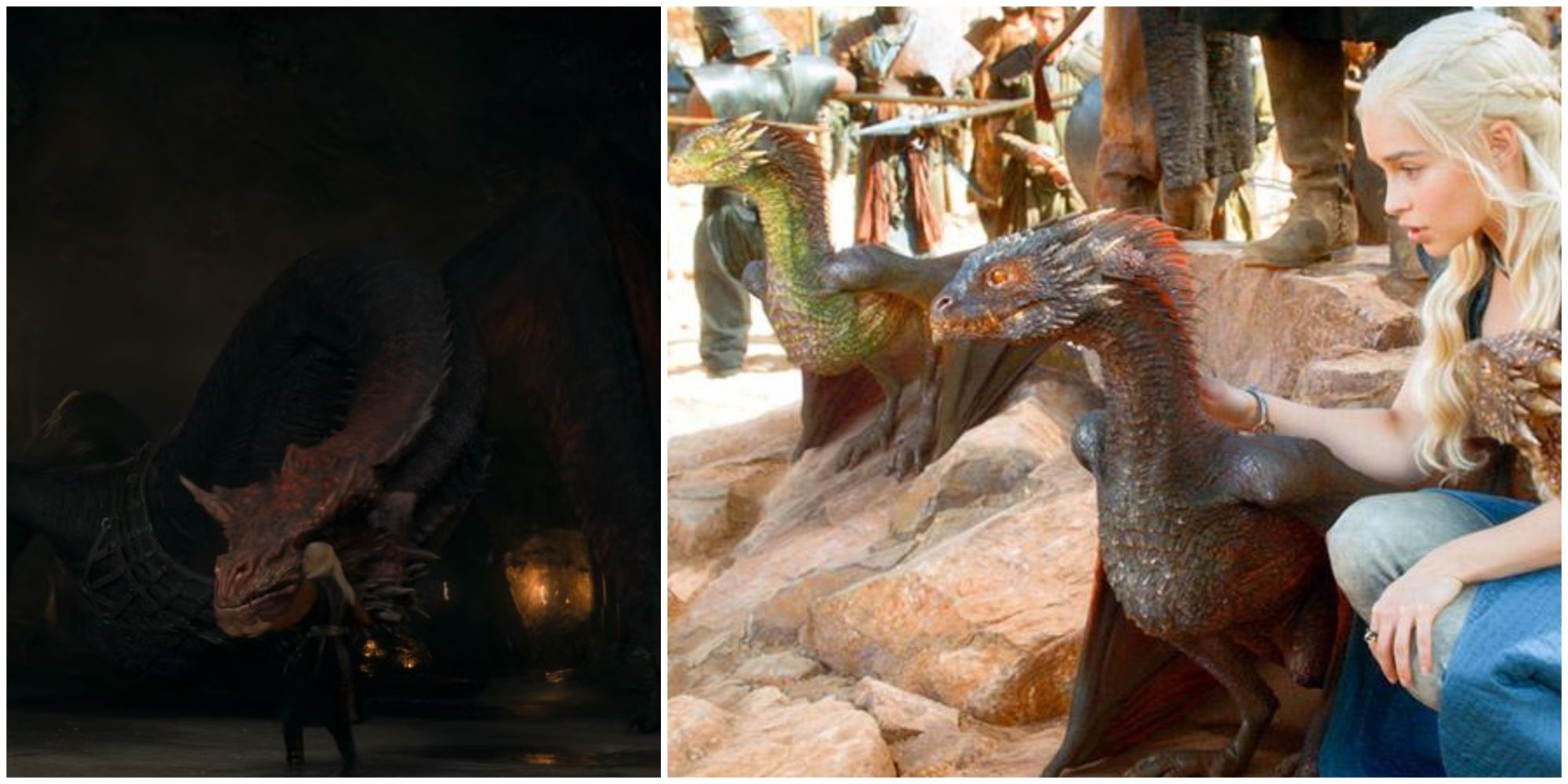 Daemon Targaryen and Caraxes and Daenerys with Drogon Viserion and Rhaegal in the Game of Thrones universe.