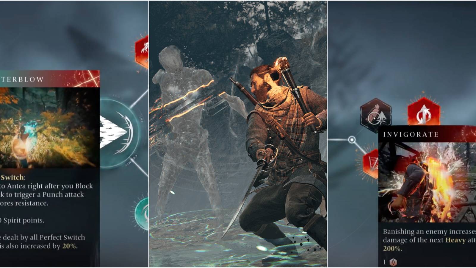 Skills and Red slashing an enemy ghost in Banishers: Ghosts of New Eden 