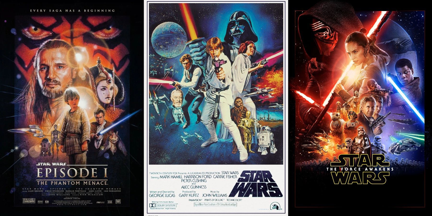 Star Wars Movie Posters - Star Wars Episode 1: The Phantom Menace, Episode 4: A New Hope, Episode 7: The Force Awakens