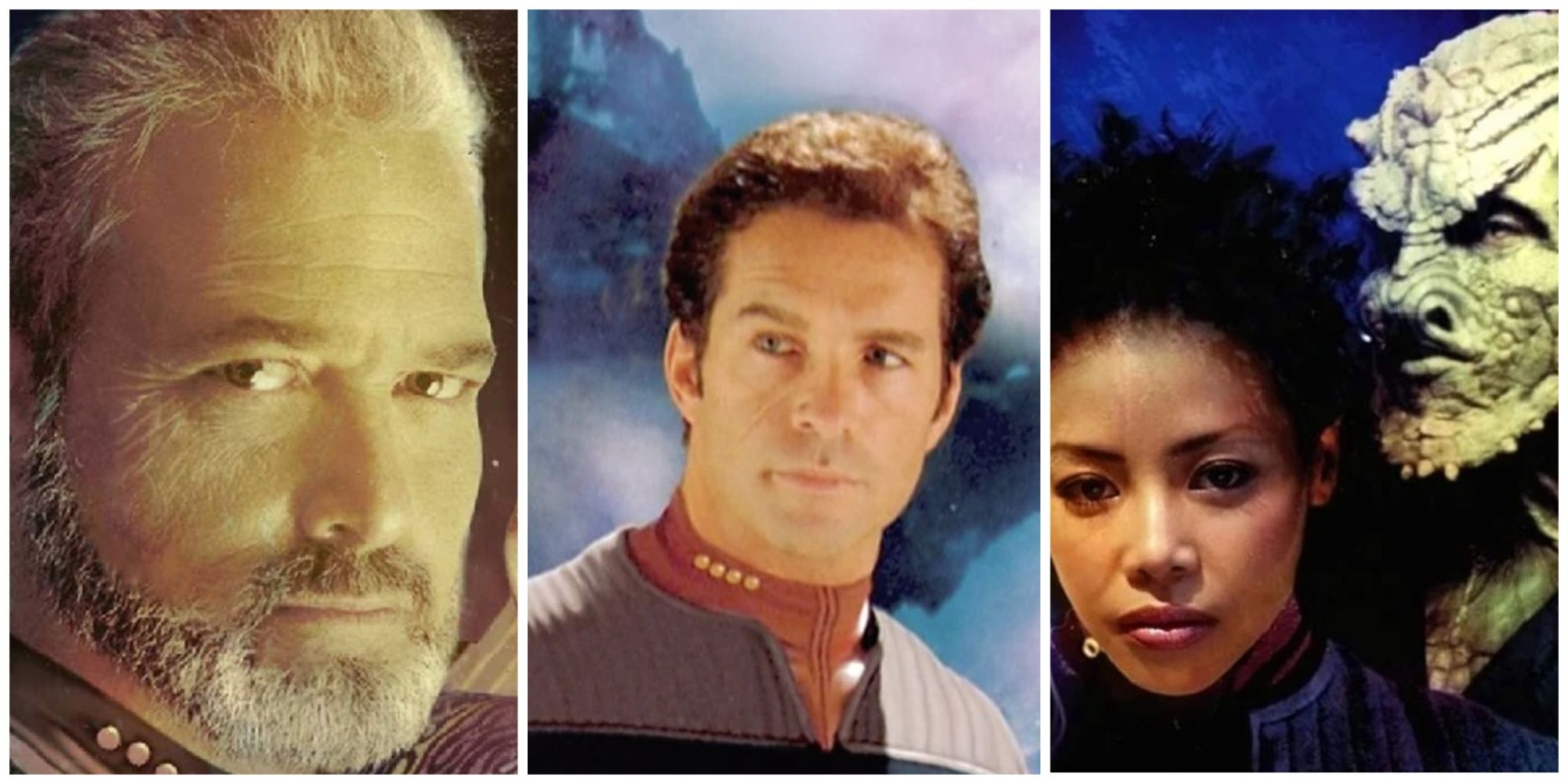 Split-image showing various book-exclusive Star Trek characters (Vaugn, Calhoun, and Taran'atar).