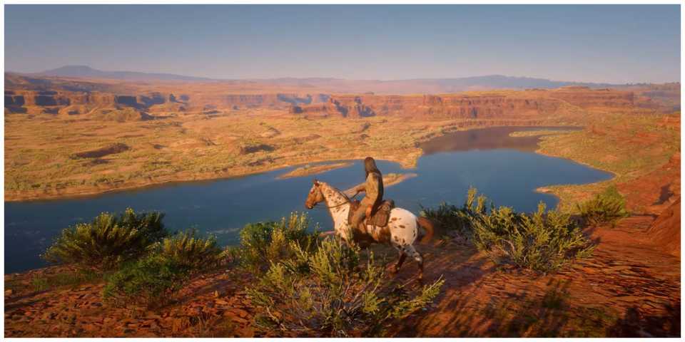 Red dead redemption 2 main character on horseback looking at a desert