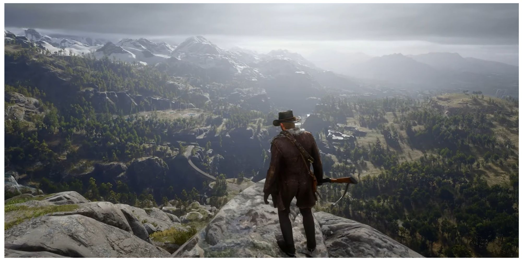 Red dead redemption 2 main character on top of a mountain