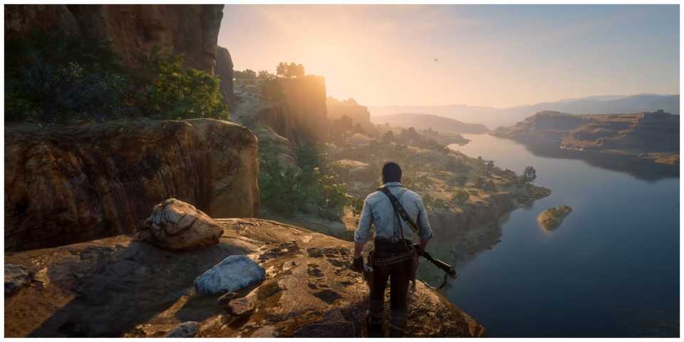 Red dead redemption 2 main character with rifle looking at sunset on a mountain