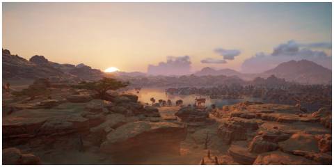 Assassin's creed origins desert and oasis during a sunset