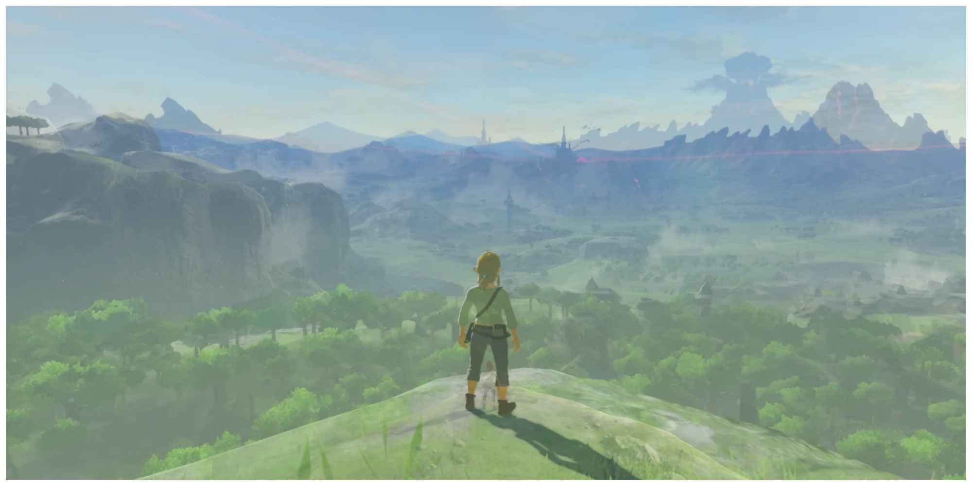 The legend of zelda breath of the wild main character on a mountain looking at scenery