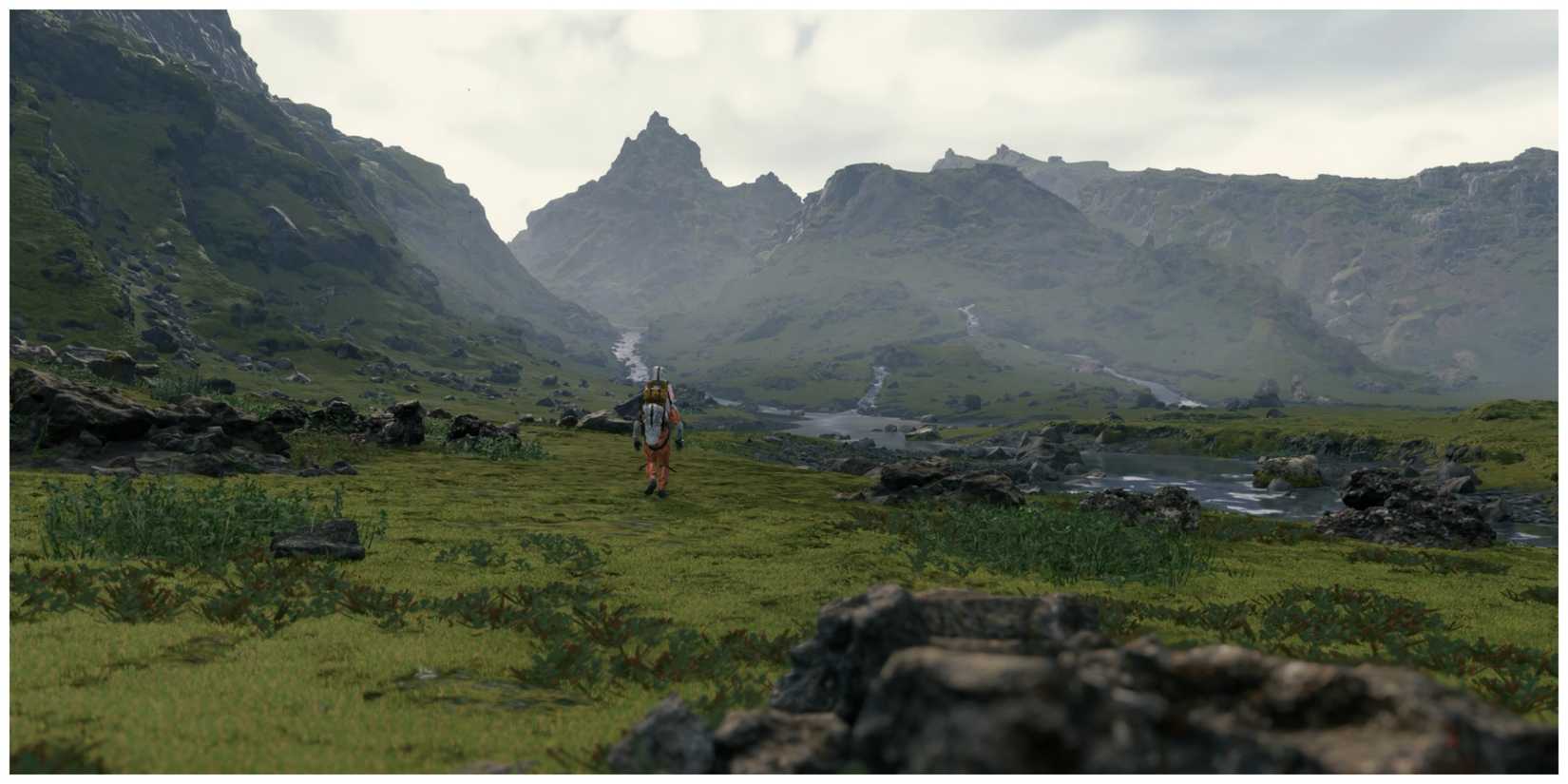 Death stranding main character carrying supplies on a plainfield