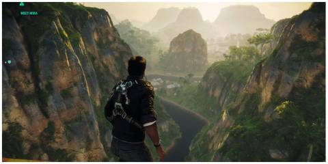 Just cause 4 main character looking at mountains during a mission