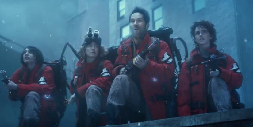trevor, callie, gary, phoebe in new ghostbuster suits