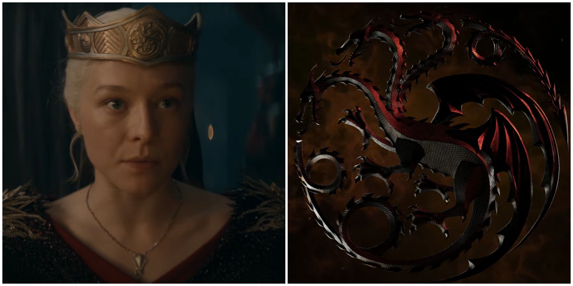 Split image of Queen Rhaenyra Targaryen and the three-headed red dragon from House of the Dragon season 2 Black trailer