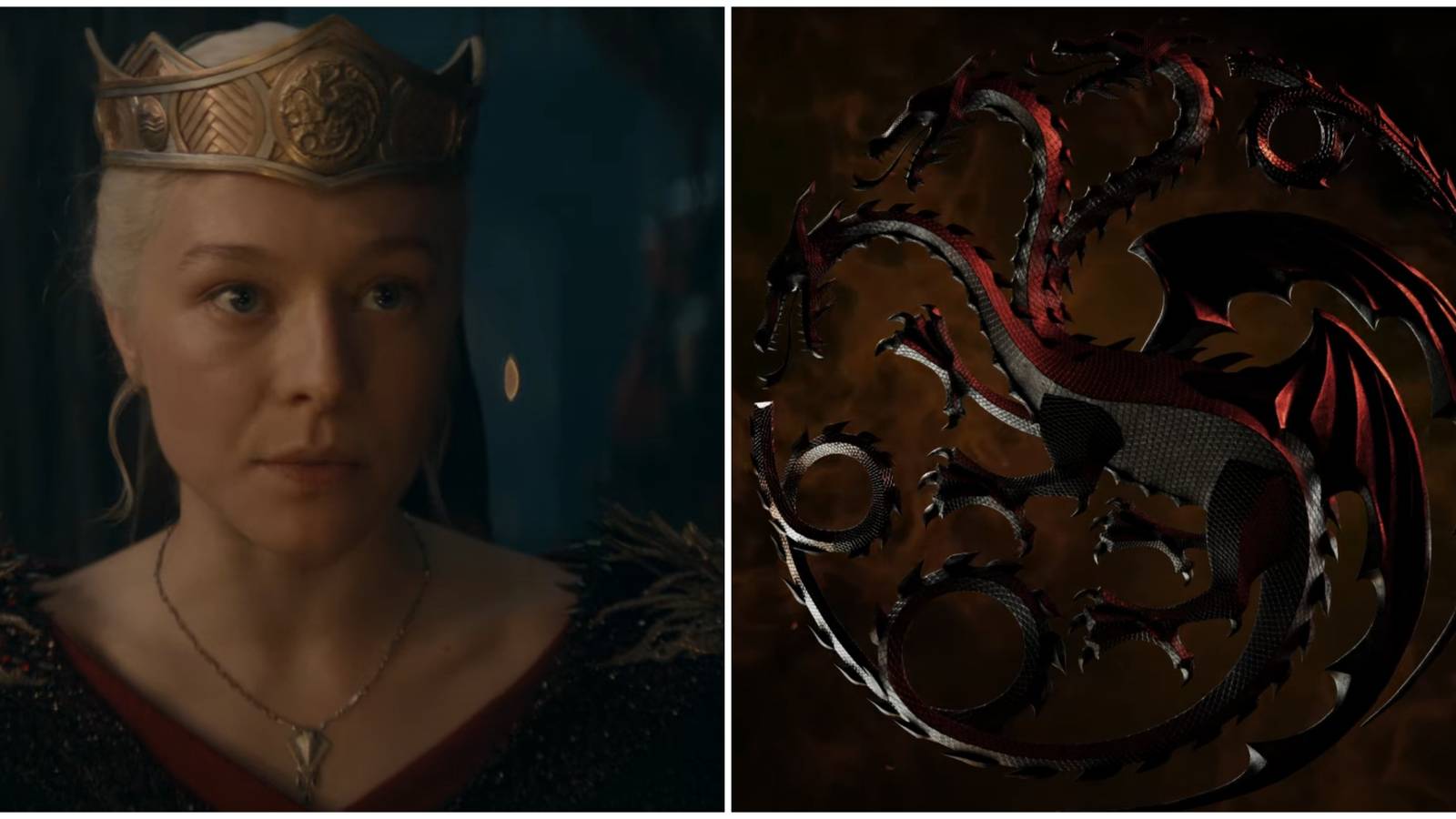 Split image of Queen Rhaenyra Targaryen and the three-headed red dragon from House of the Dragon season 2 Black trailer