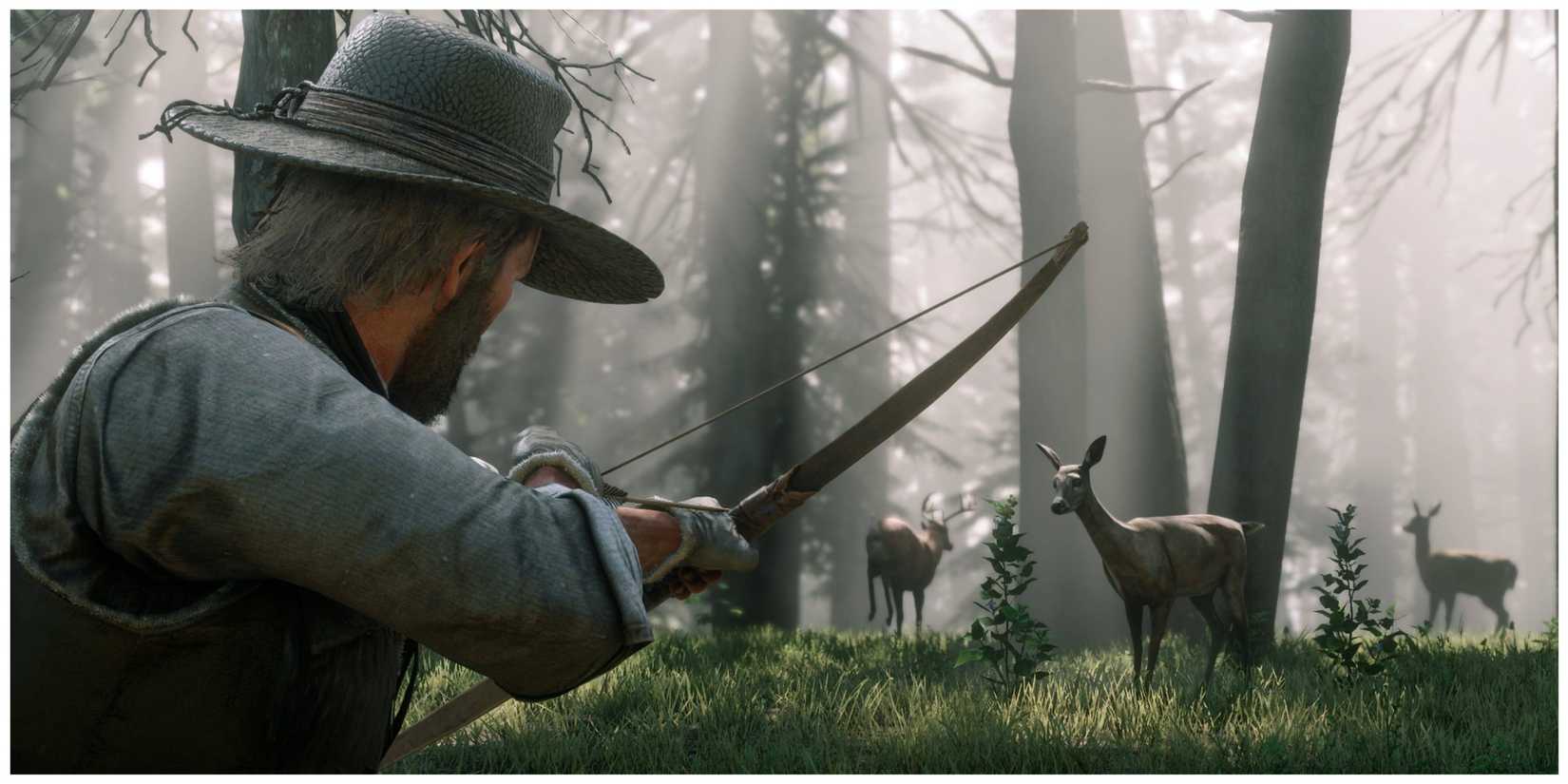 Red dead redemption 2 main character hunting deer with bow and arrow