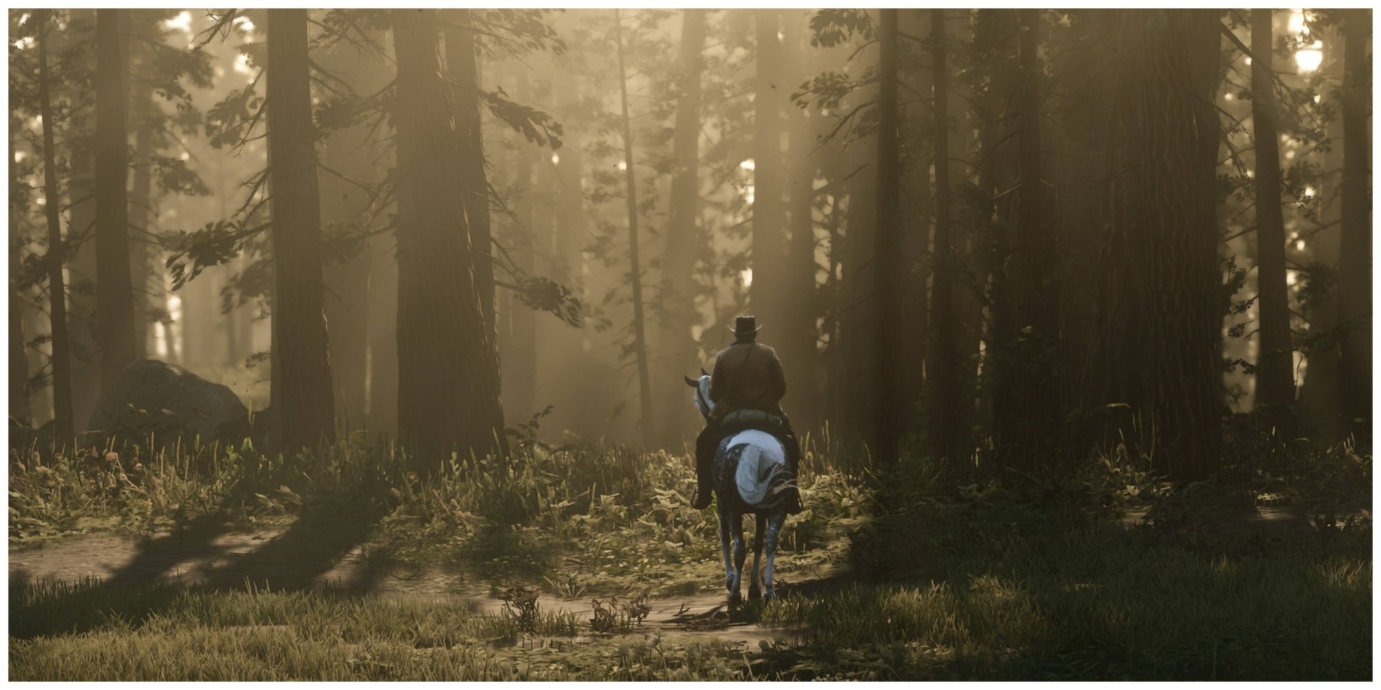 Red dead redemption 2 main character on horseback traveling through a forest