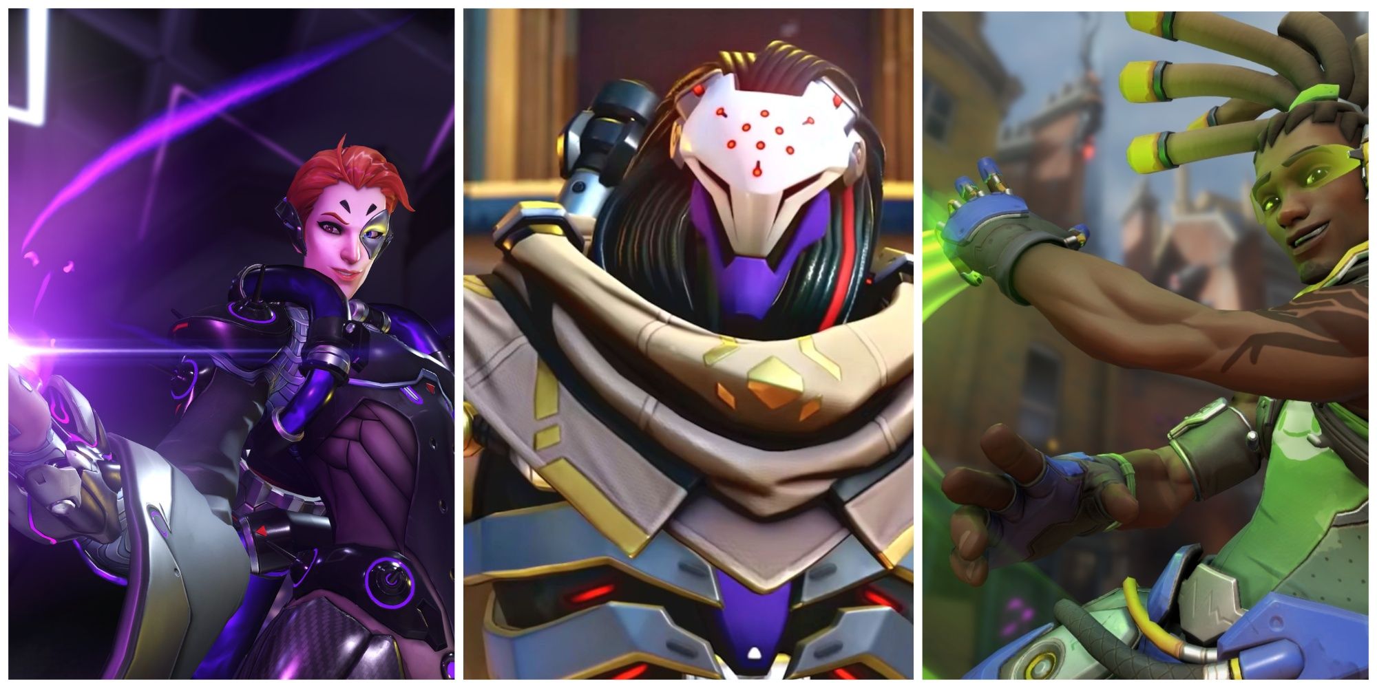 Collage of Overwatch 2 Heroes Ramattra, Moira, and Lucio