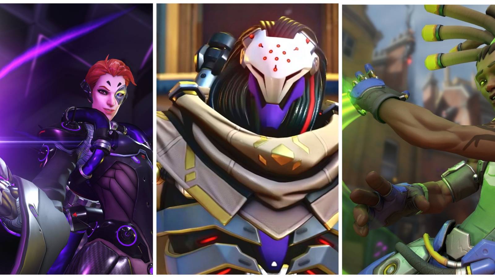 Collage of Overwatch 2 Heroes Ramattra, Moira, and Lucio