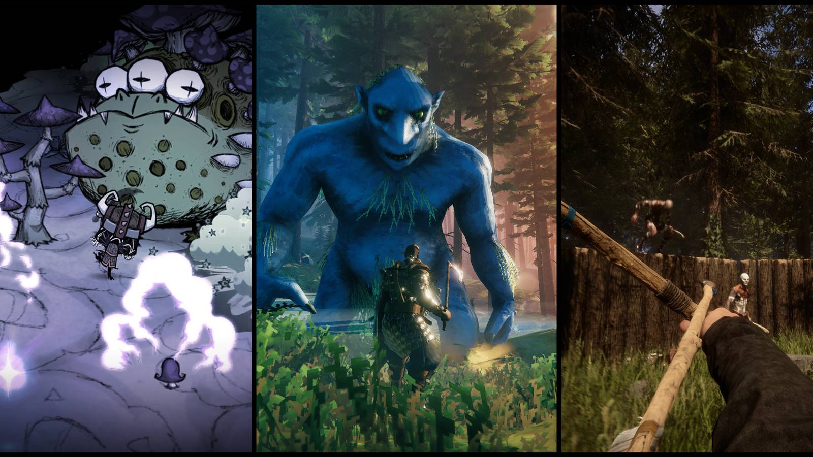 screenshots from Don't Starve, Valheim, and Sons of the Forest