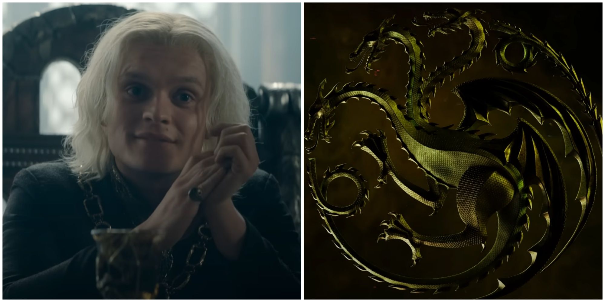 Split image of Aegon II and the three-headed green and golden dragon sigil in House of the Dragon Official Green Trailer.