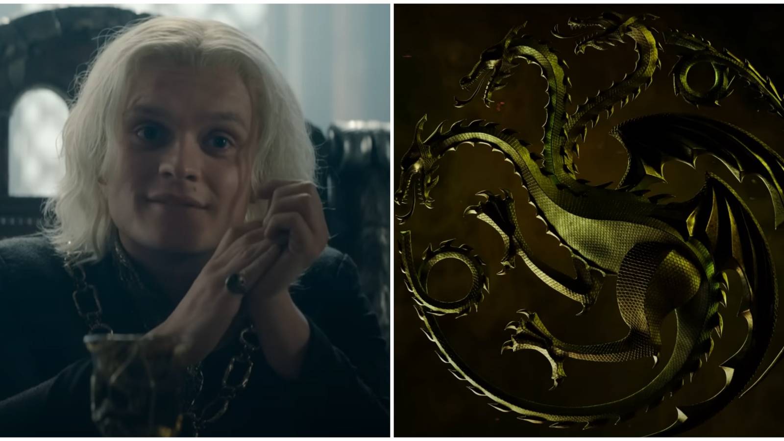Split image of Aegon II and the three-headed green and golden dragon sigil in House of the Dragon Official Green Trailer.
