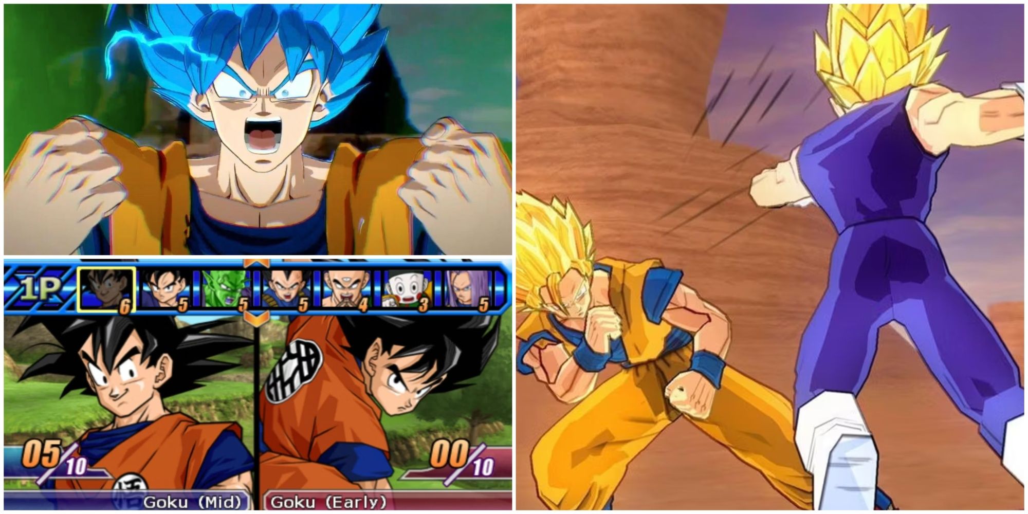 Collage of screenshots from the Budokai Tenkaichi series; 2 from BT3, and 1 from Sparking Zero