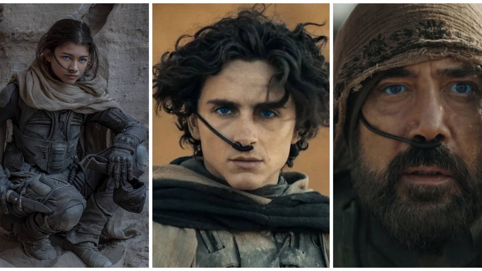 Split image showing three important Fremen: Chani, Paul, and Stilgar.