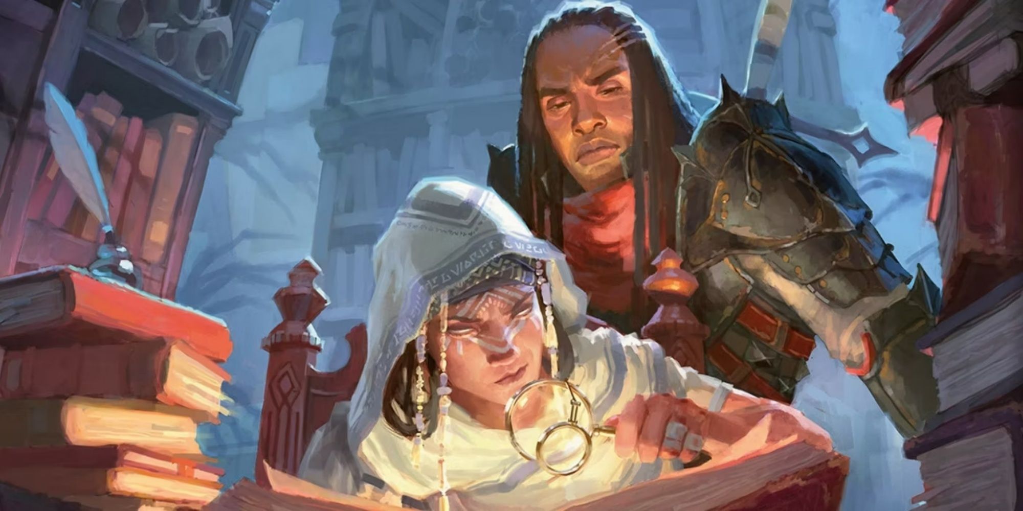 Two Dungeons and Dragons characters sutdy a book on the cover of Candlekeep Mysteries