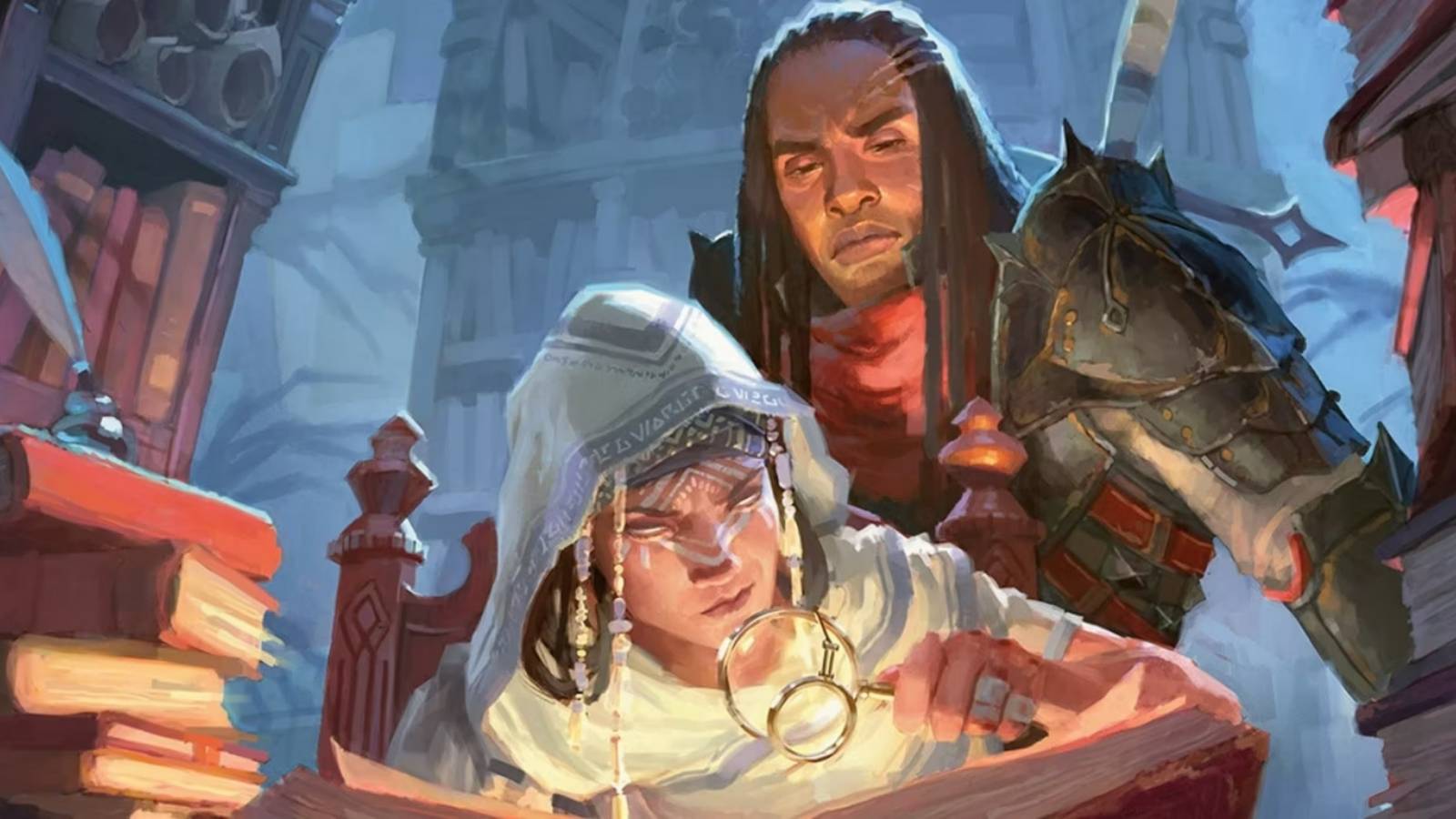 Two Dungeons and Dragons characters sutdy a book on the cover of Candlekeep Mysteries