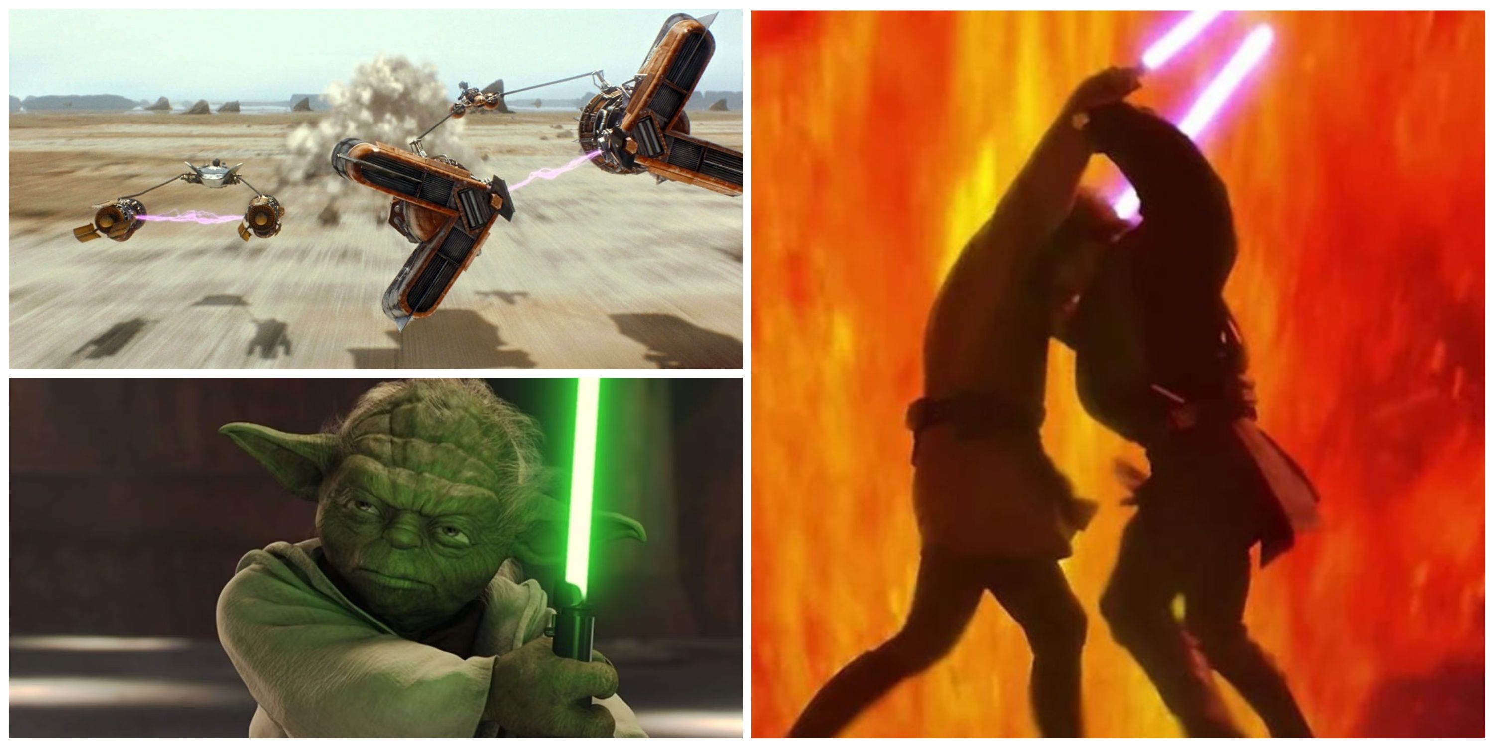 yoda with lightsaber, podracing, obi-wan vs anakin