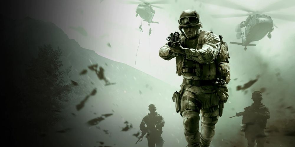 A group of soldiers in front of helicopters in Call of Duty 4: Modern Warfare