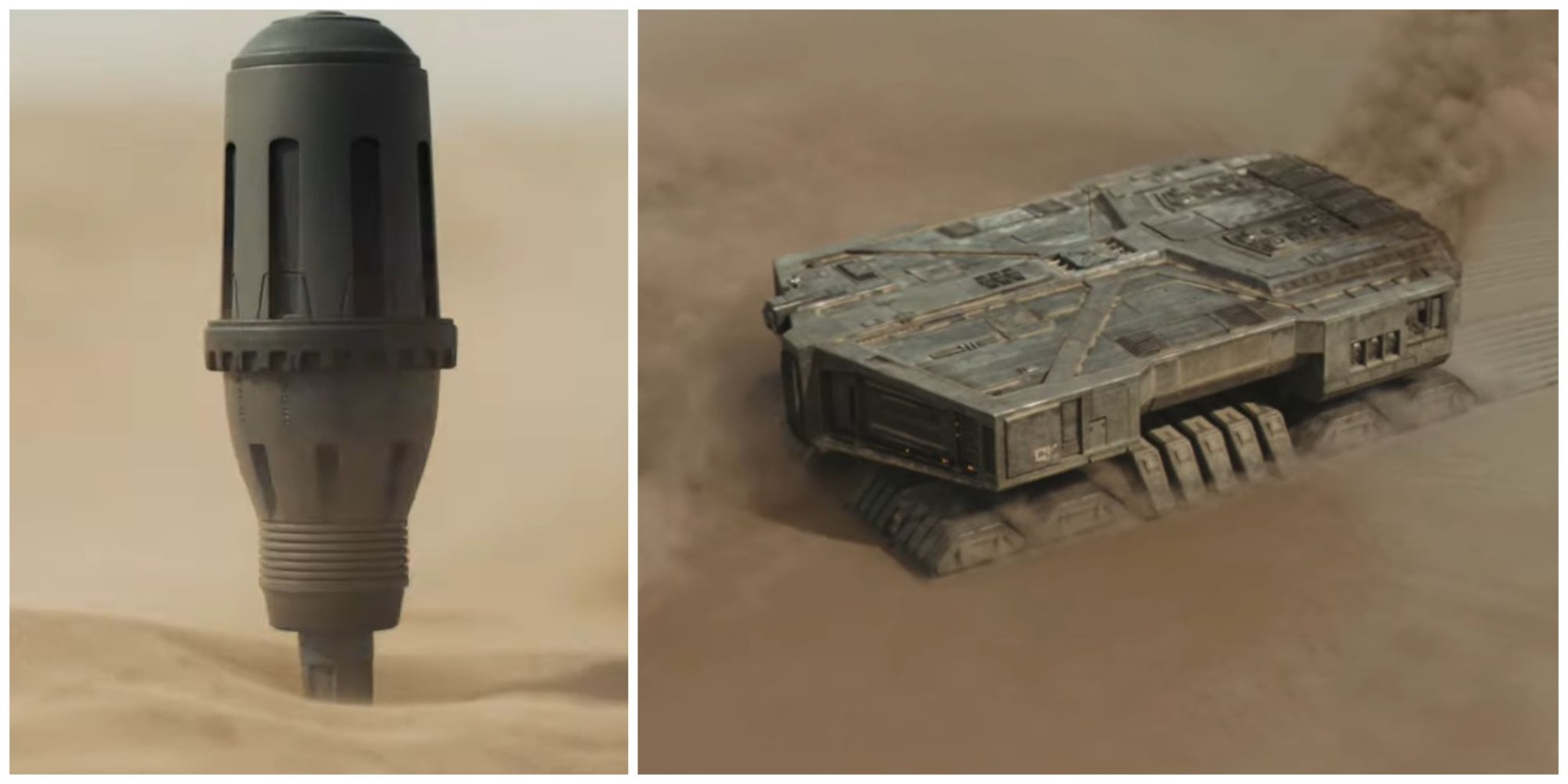 Split image showing a thumper and spice harvester in Dune.