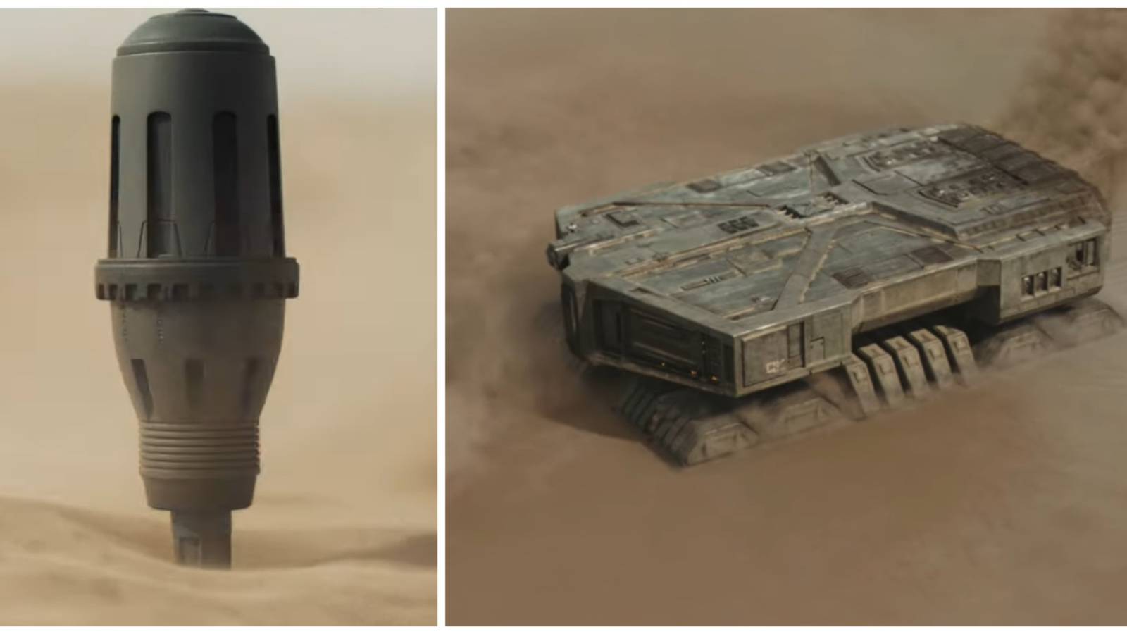 Split image showing a thumper and spice harvester in Dune.