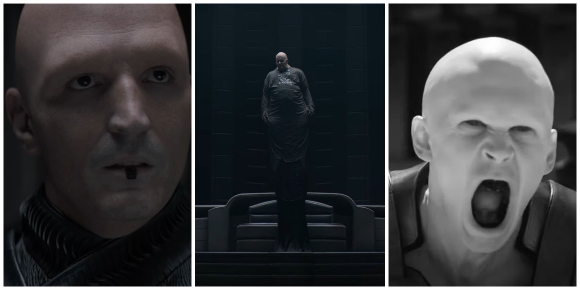 Split image showing three Harkonnens from Dune (2021): Peter de Vries, the Baron, and Feyd-Rautha.