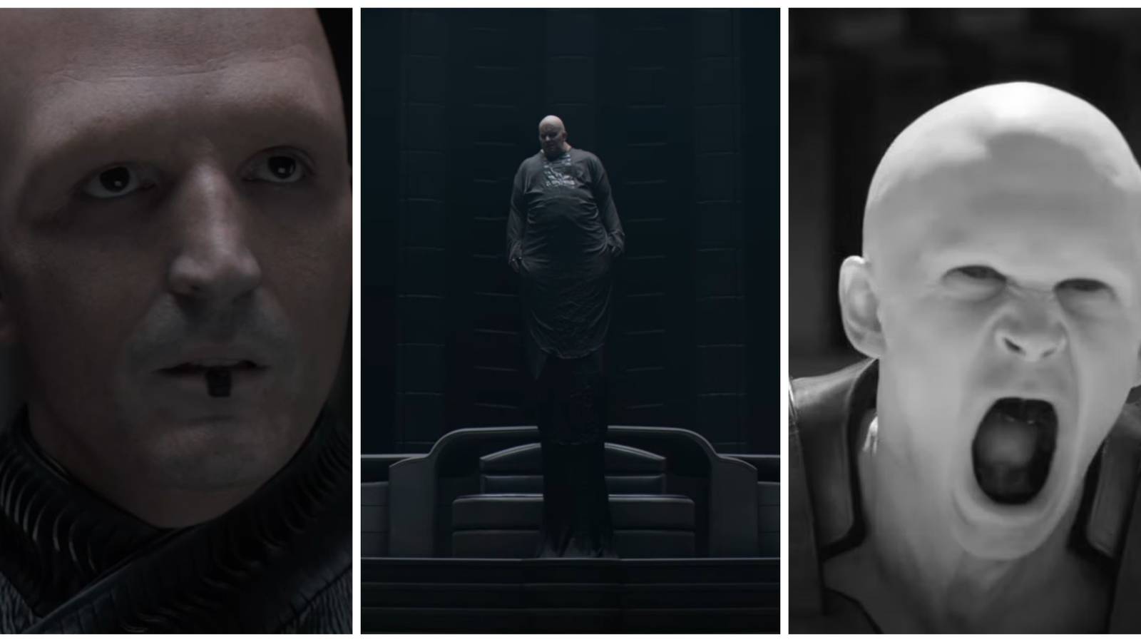 Split image showing three Harkonnens from Dune (2021): Peter de Vries, the Baron, and Feyd-Rautha.
