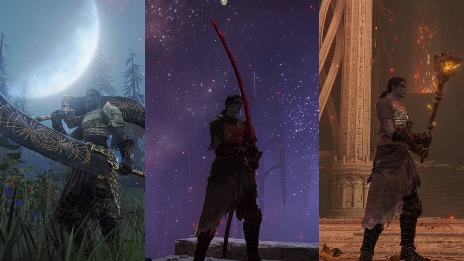 A split image of overpowered weapons in Elden Ring