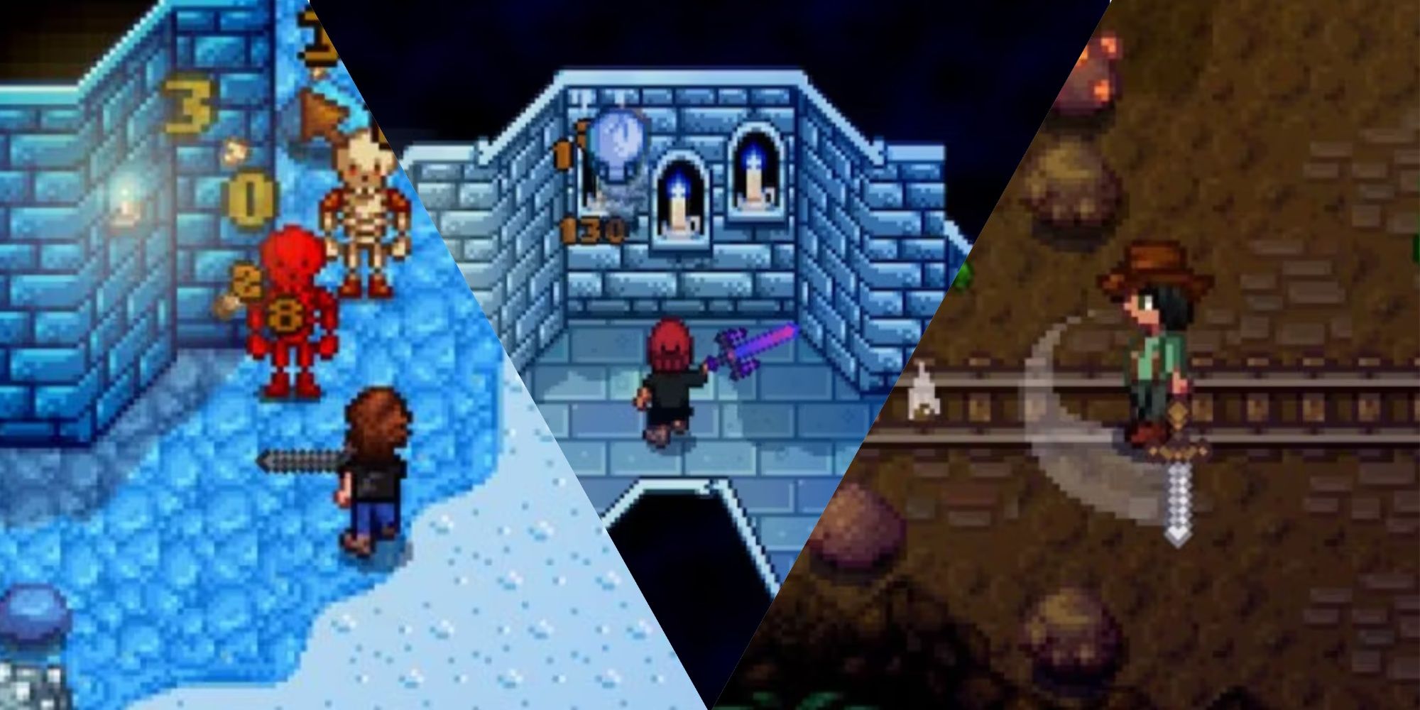 Three images of combat in Stardew Valley