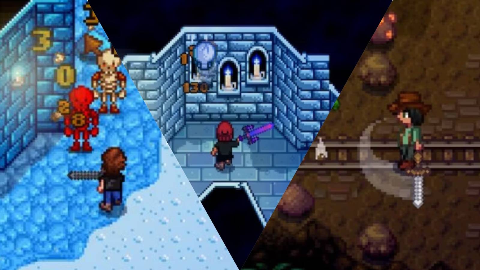 Three images of combat in Stardew Valley